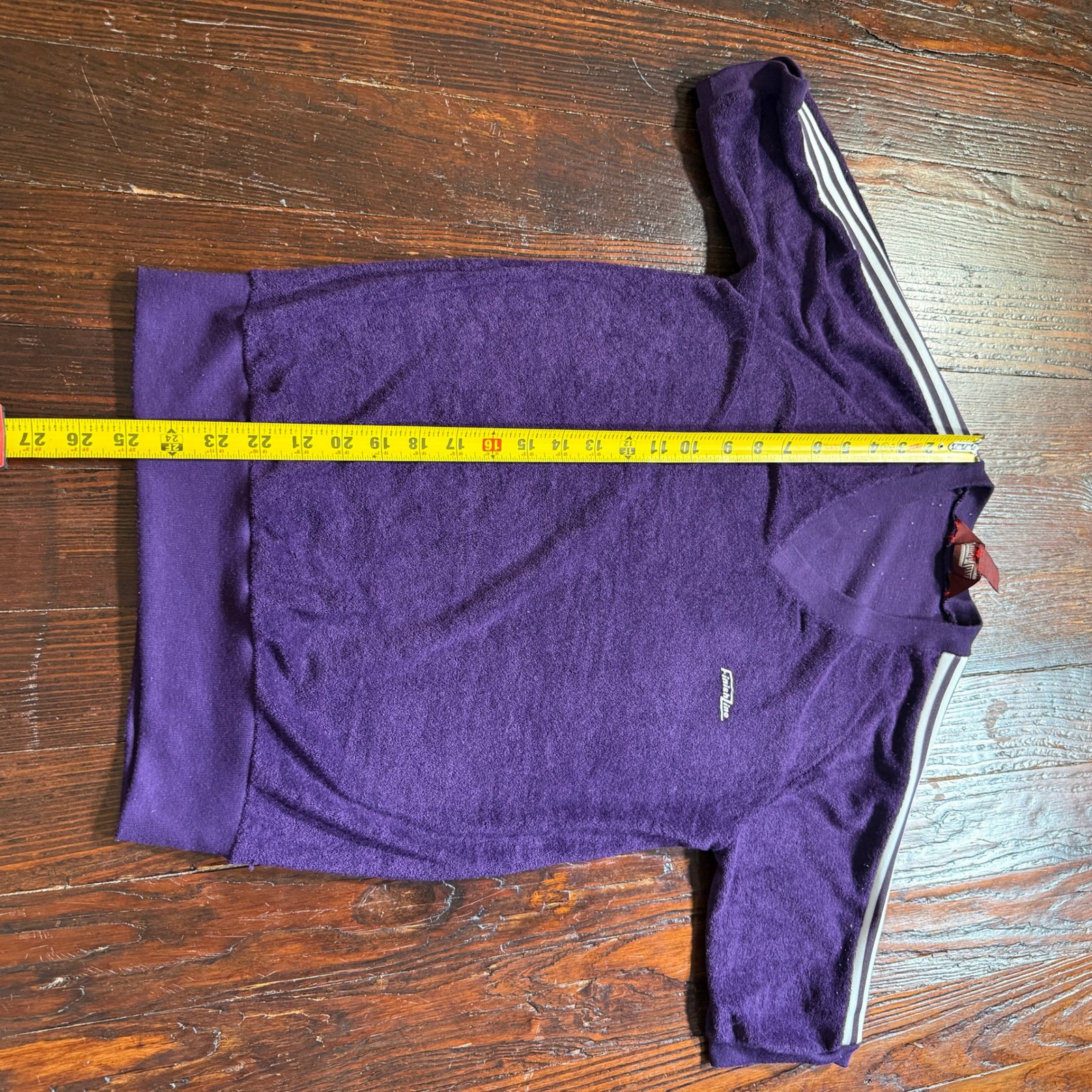 Vintage 80s Finish Line Shirt Mens M Purple Velour Racing Stripe V Neck — image 5 of 8